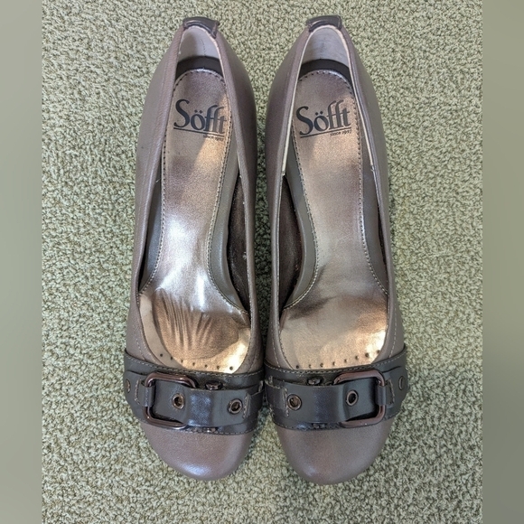 Sofft Taupe Leather Round Toe Buckle Heels Size 8.5 Office Workwear Preppy - Picture 3 of 13